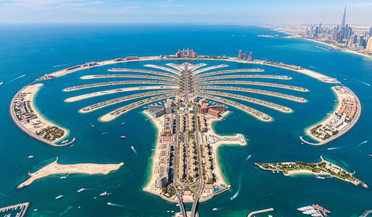 Palm Jumeirah foi construída com milhões de toneladas de rocha e areia, GPS de precisão e um quebra-mar de cerca de 11 quilômetros. - Imagem: Reprodução