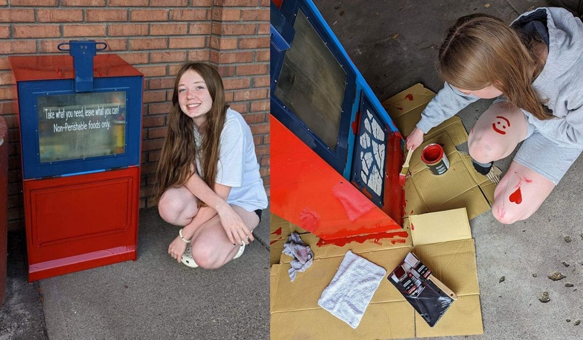 Estudante de 14 anos transforma antiga caixa de jornal em despensa gratuita, abastecida com alimentos para moradores de Rigby, em Idaho. - Crédito: Nichole Weight/Cortesia, via East Idaho News.