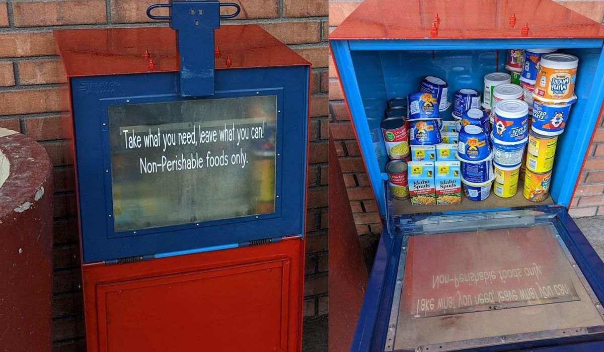 Interior da Little Free Pantry criada por K’breean recebeu alimentos não perecíveis para que moradores retirassem o necessário ou deixassem novas doações. Crédito: Nichole Weight/Cortesia, via East Idaho News.
