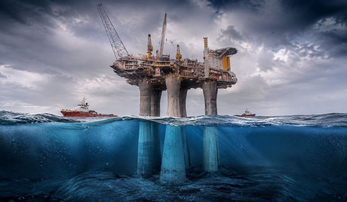 Com 472 metros de altura, a Troll A usa uma base gravitacional de concreto no Mar do Norte e supera 1,2 milhão de toneladas em operação. - Imagem: Ilustrativa