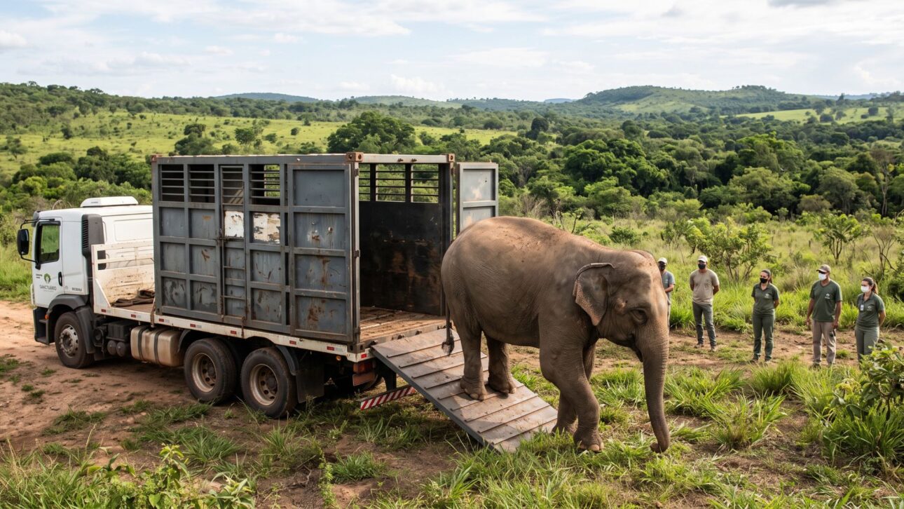 Após cerca de 40 anos em circos e sete em um zoológico, Rana atravessou 2.700 km numa caixa de aço de cinco toneladas até um santuário de mais de mil hectares em Mato Grosso.
