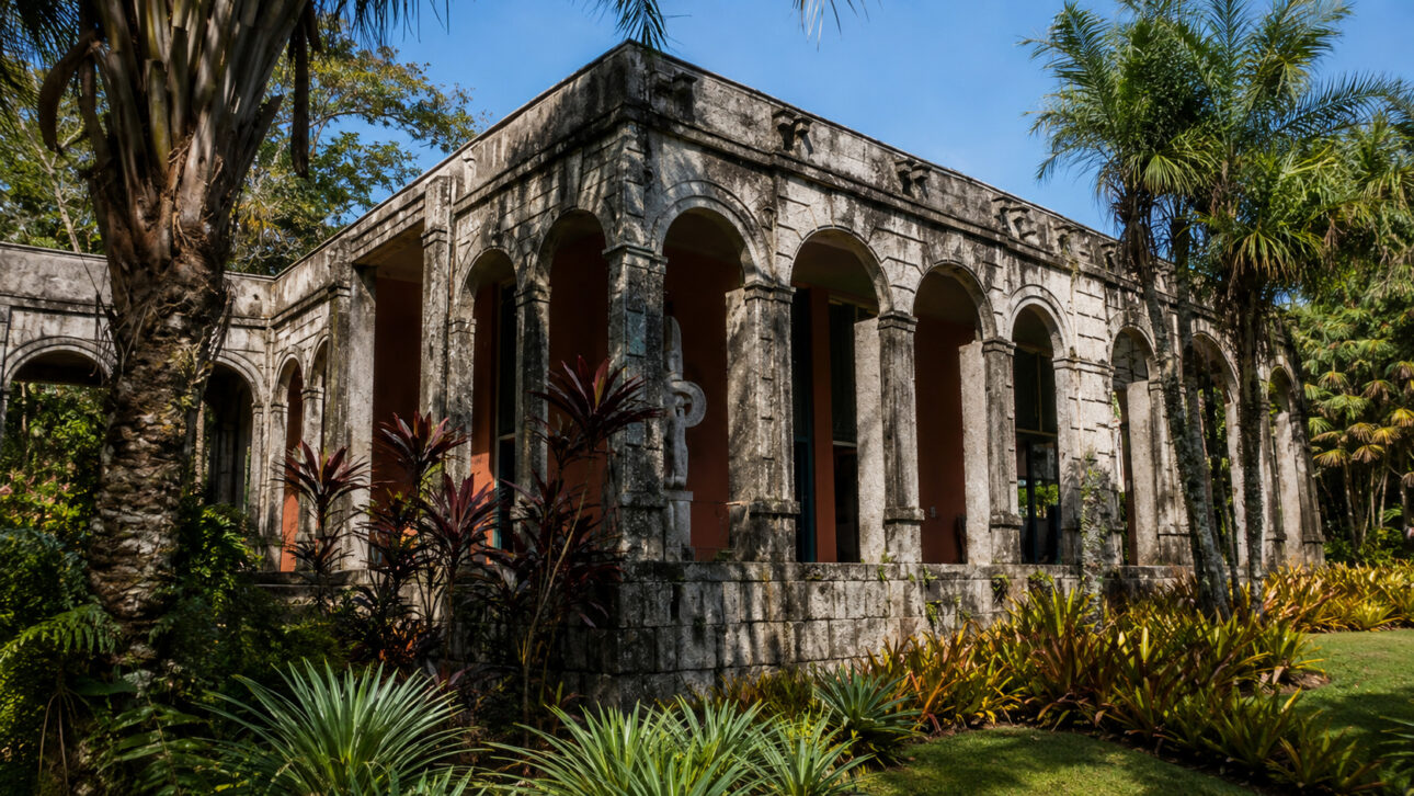 Edificação histórica com arcos de pedra cercada por palmeiras e vegetação tropical no Sítio Roberto Burle Marx, no Rio de Janeiro.