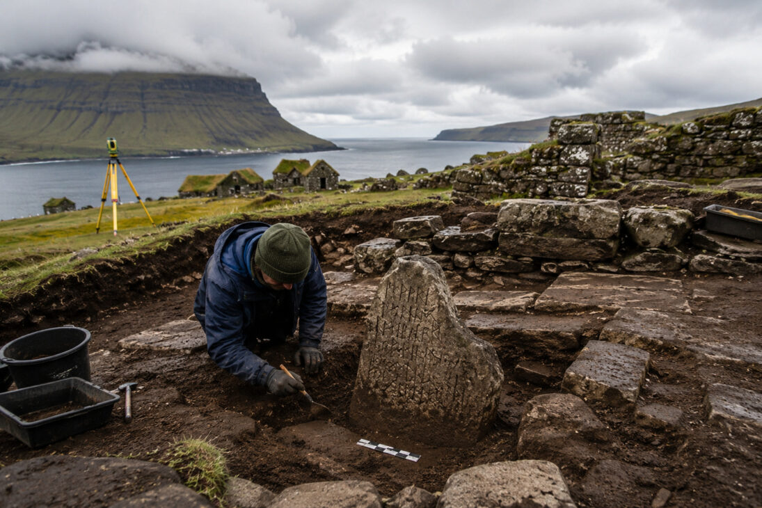 Arqueólogo escava área próxima a pedra rúnica em sítio medieval nas Ilhas Faroé, com ruínas de pedra, montanhas e mar ao fundo.
