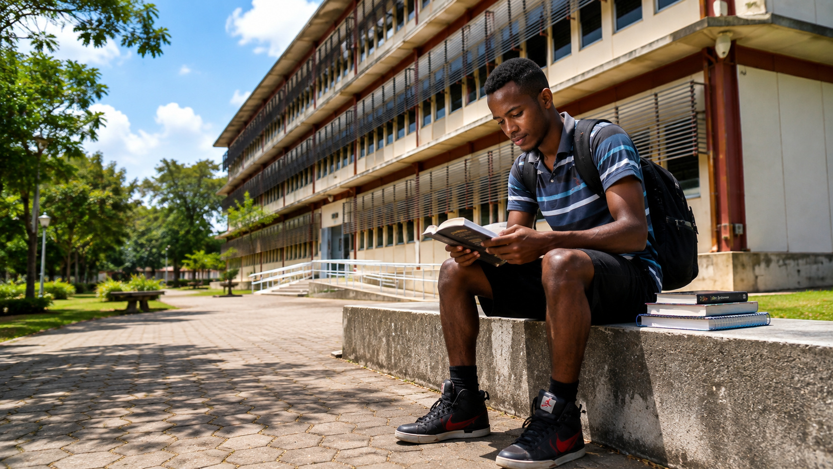 Jovem estudante com mochila e livros lendo em frente a prédio universitário, em imagem ilustrativa sobre ex-ajudante de pedreiro que ingressou no curso de Física da UFF.
