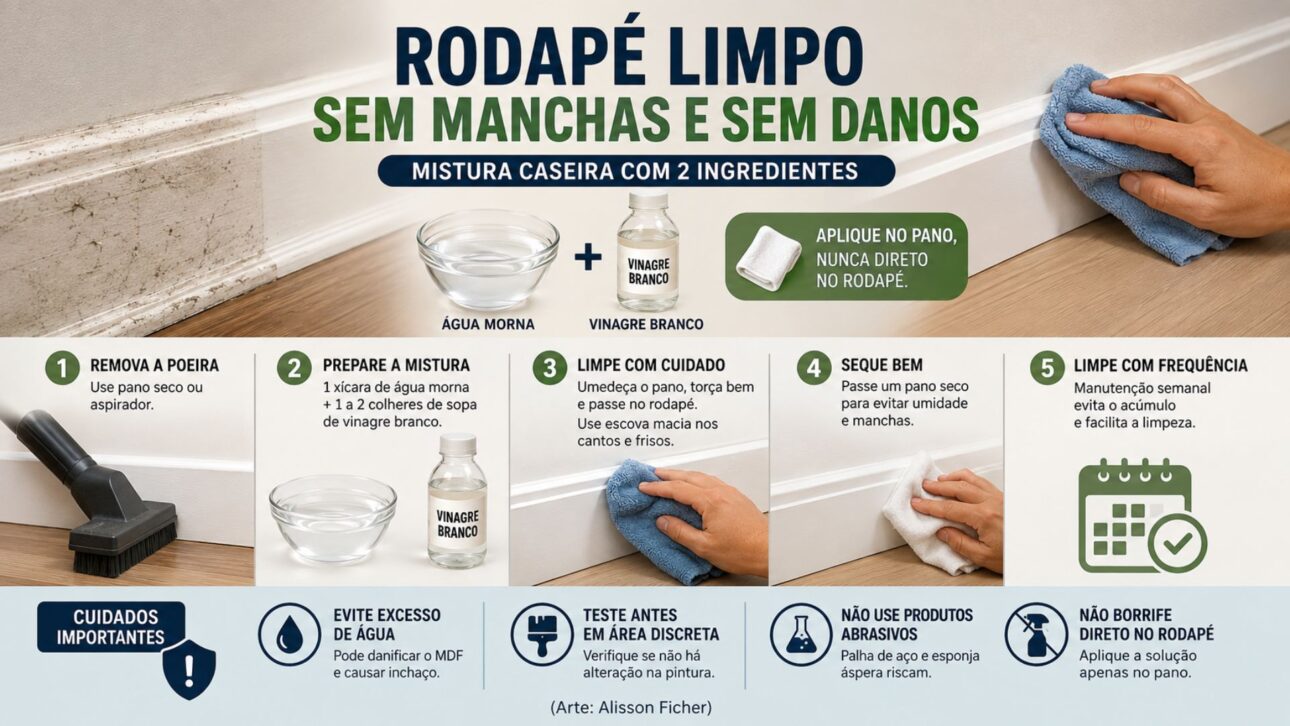 Aprenda como limpar rodapé encardido com vinagre e água, evitando excesso de umidade que pode causar manchas e danos no MDF durante a limpeza.