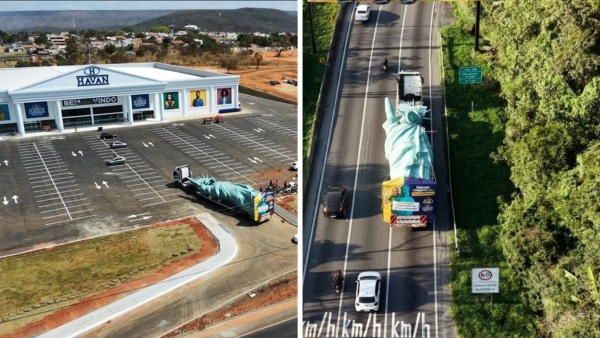 Estátua da Liberdade da Havan cruza 1,4 mil km até Caldas Novas para inauguração da 196ª megaloja da rede, de R$ 100 milhões, em Goiás.