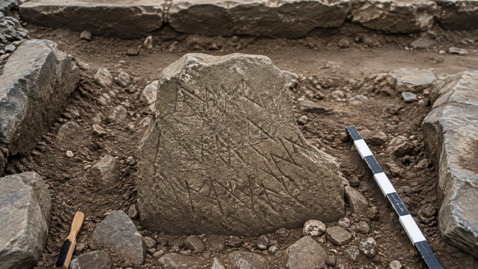 Pedra rúnica com inscrições antigas encontrada durante escavação arqueológica relacionada a uma possível capela medieval nas Ilhas Faroé.