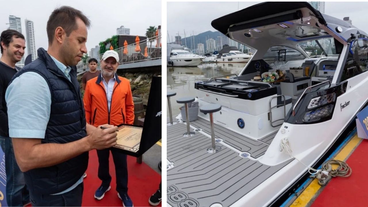 Lancha de R$ 2 milhões produzida em Itajaí chega à unidade número 200 após empresário trocar modelo menor por uma Focker 388 Gran Turismo de 38 pés, embarcação com plataforma (9)