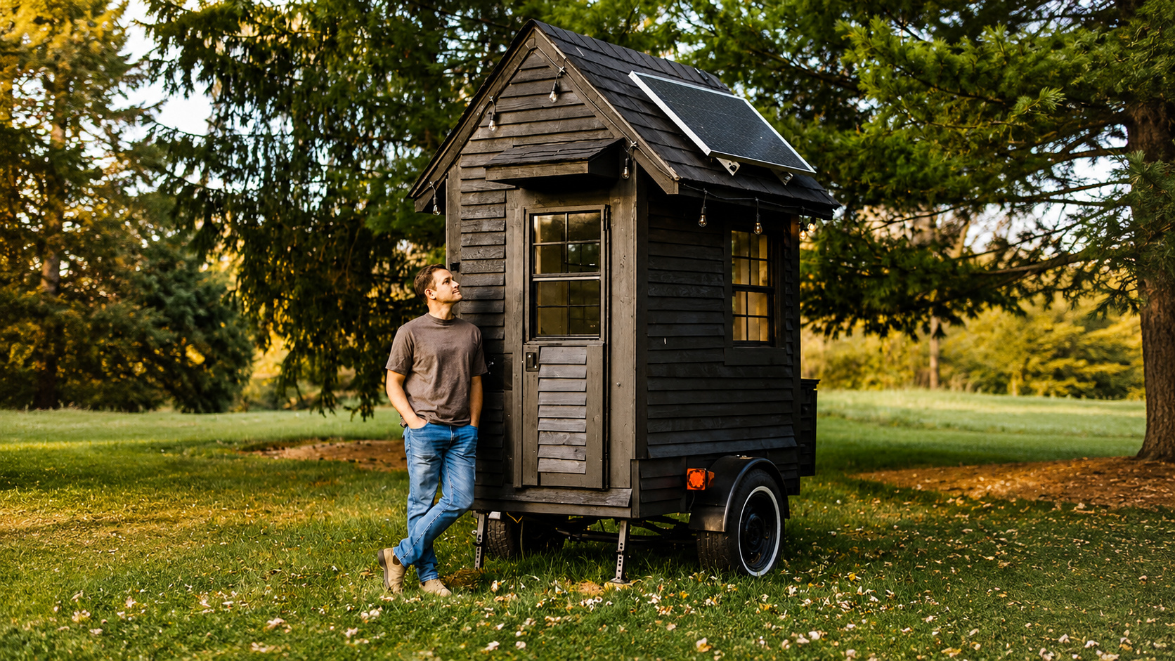 Levi Kelly, criador de conteúdo de 28 anos, construiu uma microcasa funcional de aproximadamente 1,8 m² no próprio quintal