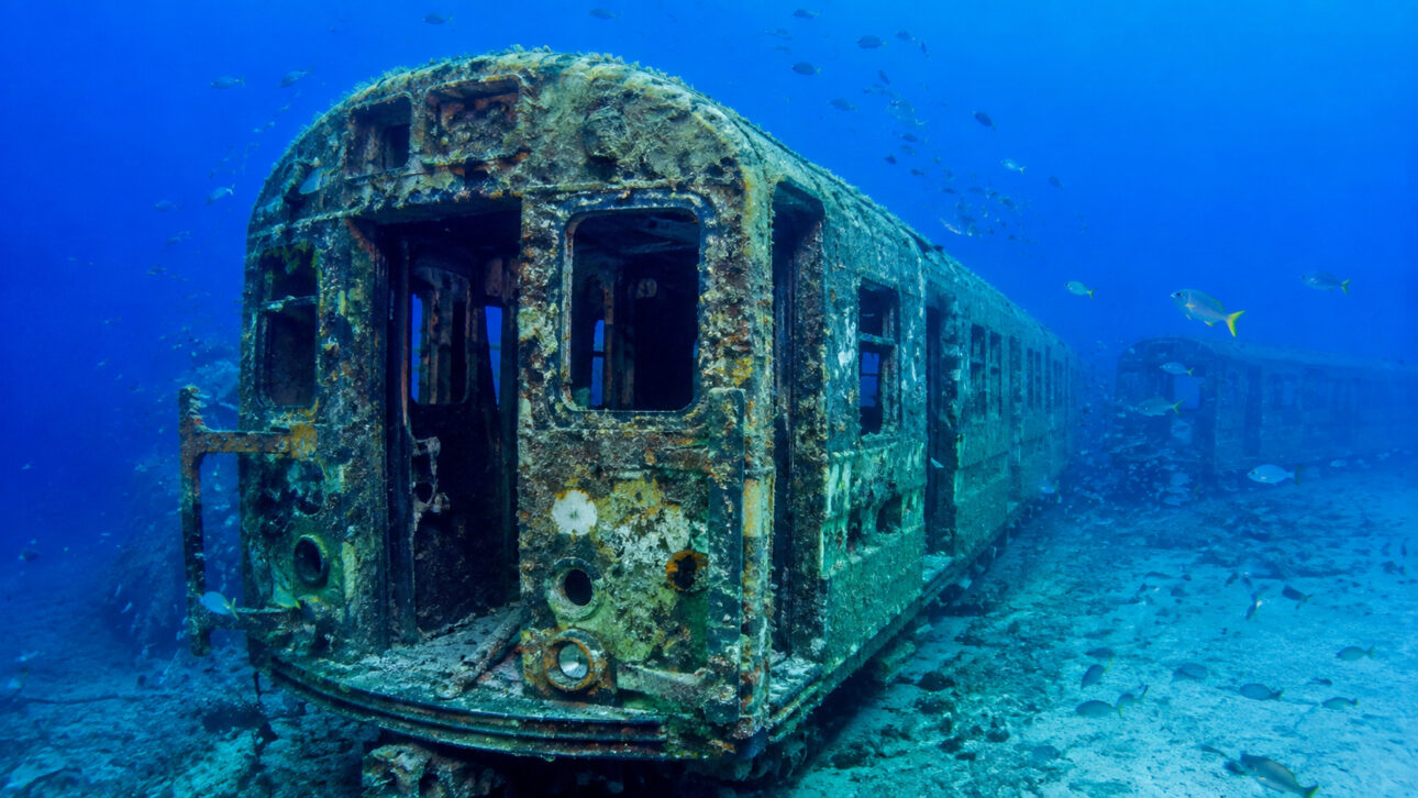 Mais de 700 vagões do metrô de Nova York foram afundados no Atlântico e hoje integram o Redbird Reef, recife artificial de 3,4 km² em Delaware.