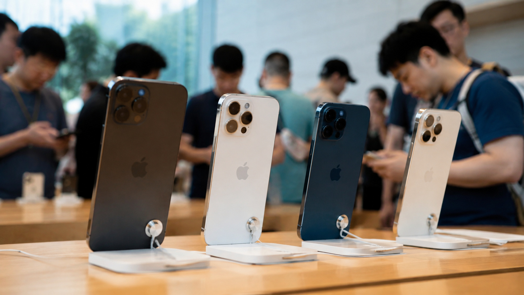 iPhones expostos em loja ilustram estratégia da Apple para levar inteligência artificial e Apple Intelligence ao mercado chinês.