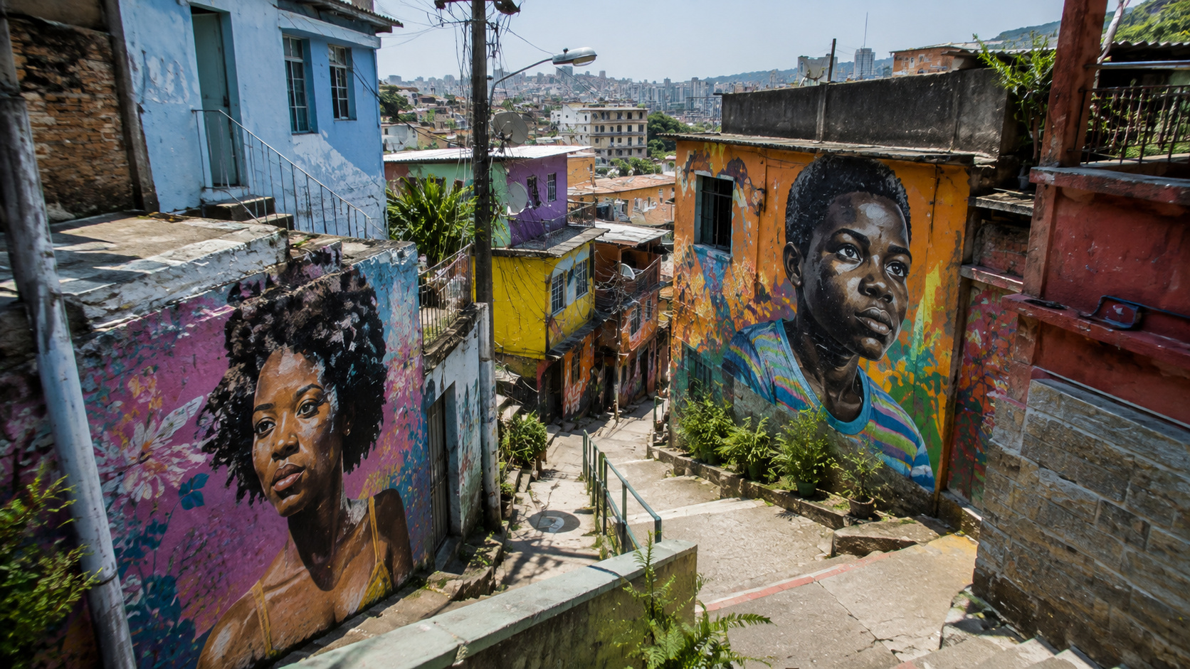 Fachadas de casas com grandes murais coloridos entre becos e escadarias de uma favela do Rio de Janeiro, representando o Circuito Casas-Tela.