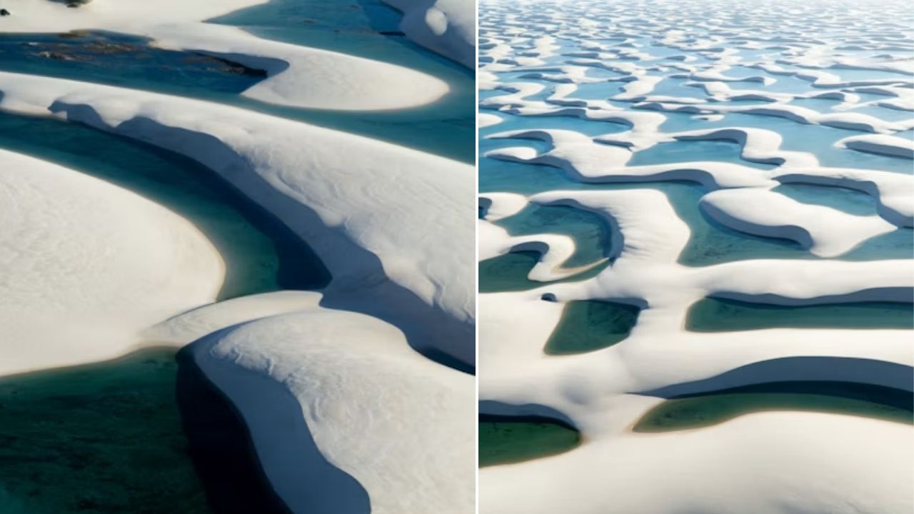 NASA usa o Landsat 9 para mostrar os Lençóis Maranhenses, onde dunas de quartzo cercam lagoas de água doce em uma paisagem moldada pela chuva.