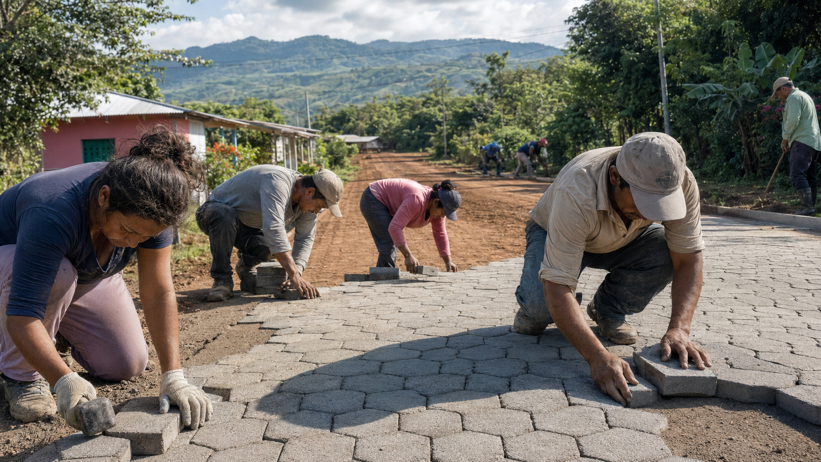 Na Nicarágua, moradores alinharam manualmente milhares de blocos de concreto para pavimentar 410 quilômetros de estradas rurais.