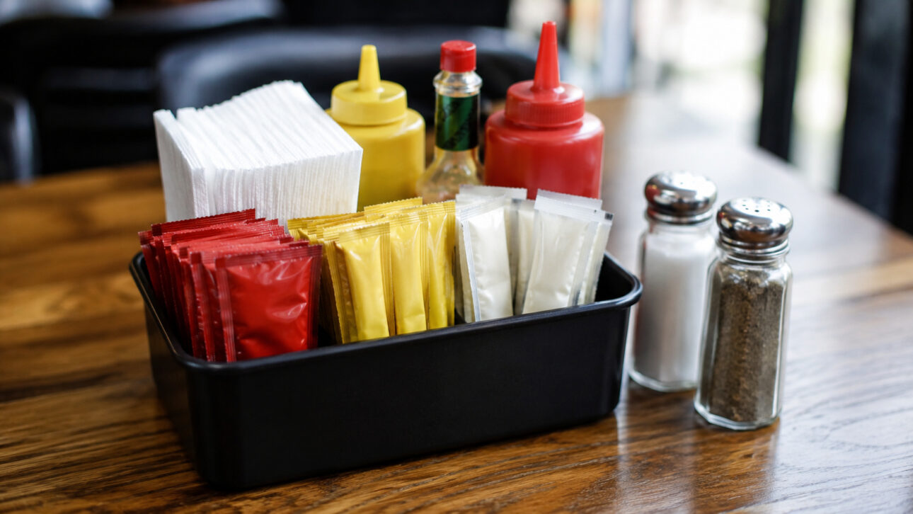 Packets and dispensers represent two ways of serving condiments in restaurants.