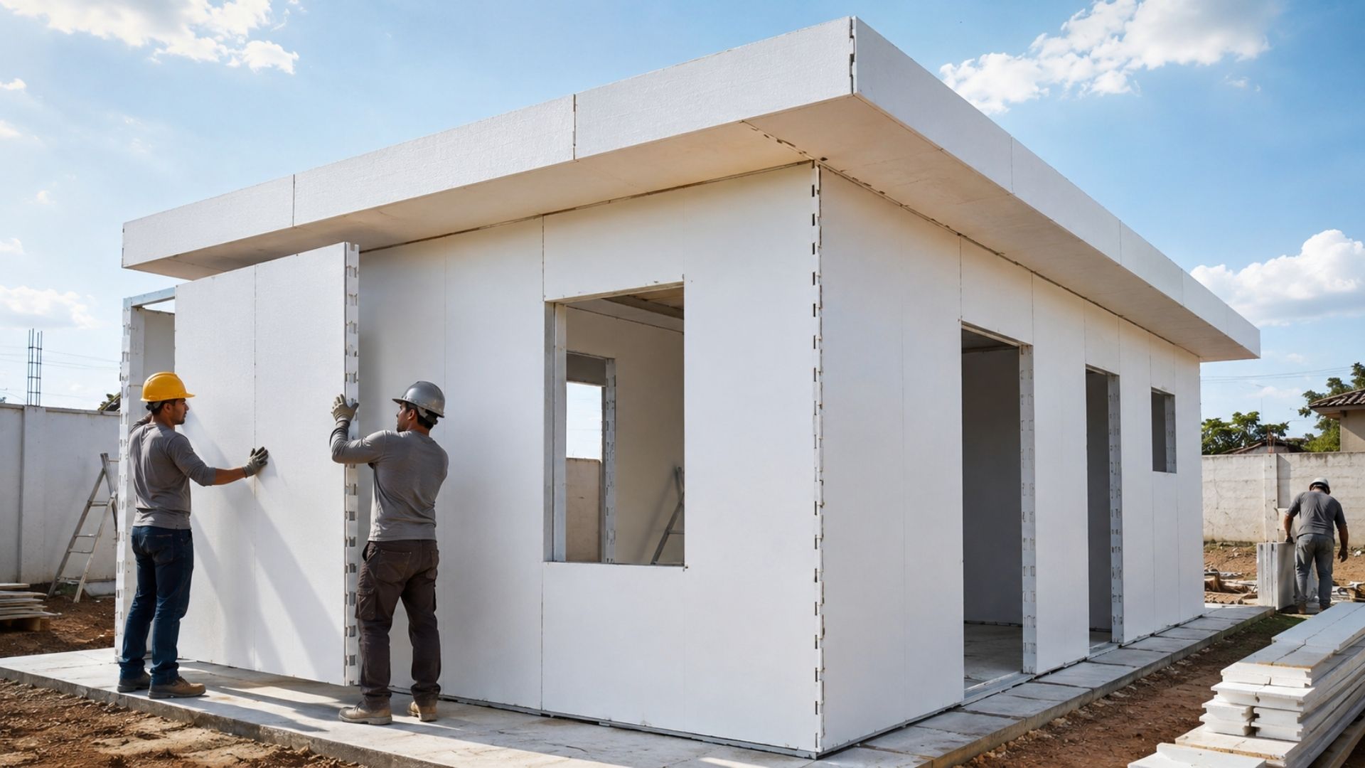 Pedreiros erguem casas com painéis de PVC preenchidos com concreto, que dispensam reboco e pintura e permitem entregar uma habitação popular em 7 dias.
