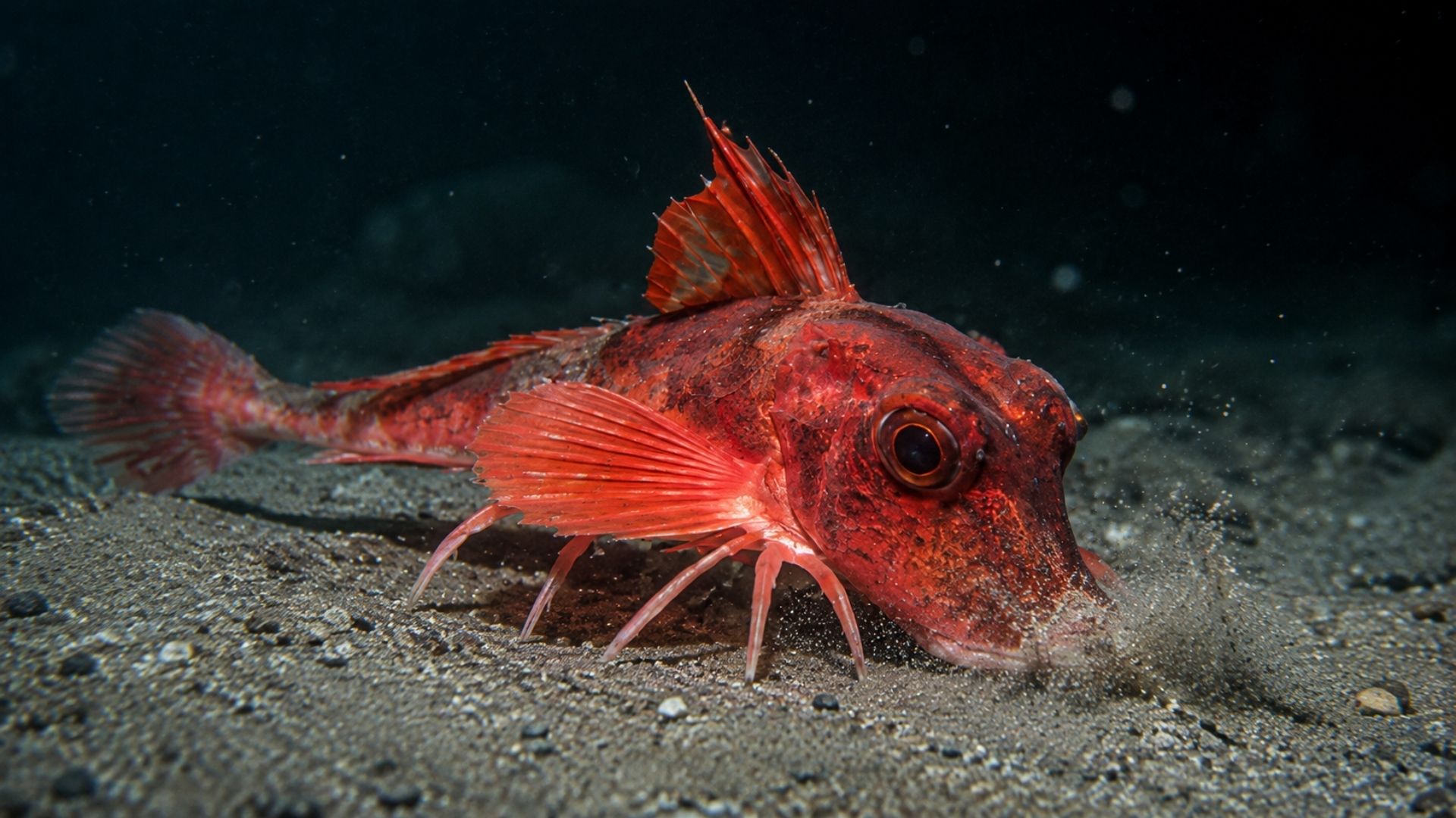 Peixe-robin-do-mar caminha com seis apêndices, detecta presas sob a areia em algumas espécies e produz som semelhante ao coaxo de sapo.