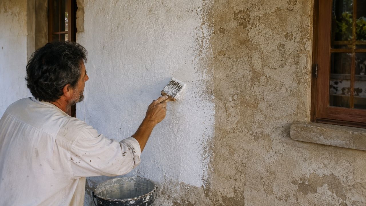 Pintura com cal e caiação em paredes antigas exigem correção de infiltrações e cuidado com tintas plásticas para garantir aderência.