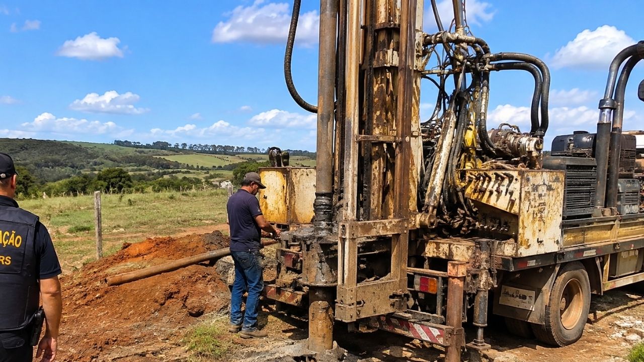 Poço artesiano de 6 metros era perfurado em propriedade rural para abastecer família e animais, mas fiscalização constatou falta de autorização, interrompeu o trabalho antes que a