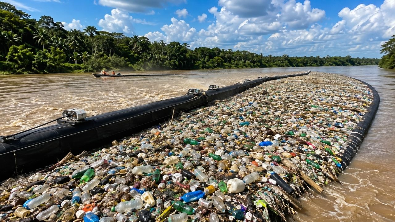 Rio que despejava até 20 mil toneladas de plástico por ano no Caribe ganhou barreiras flutuantes gigantes na Guatemala, sistema que reteve 1,4 milhão de quilos de lixo em uma (5)