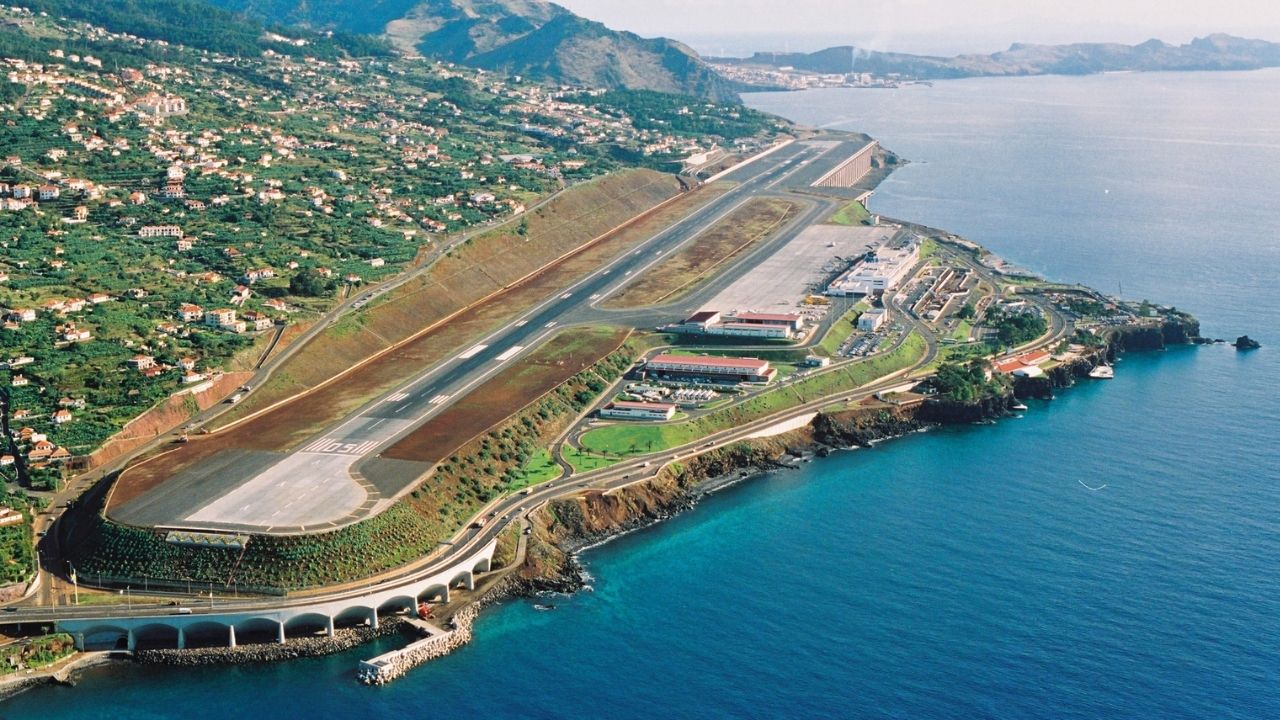 Madeira Airport runway is supported by 180 concrete pillars between mountains, an engineering solution to address the lack of flat terrain.
