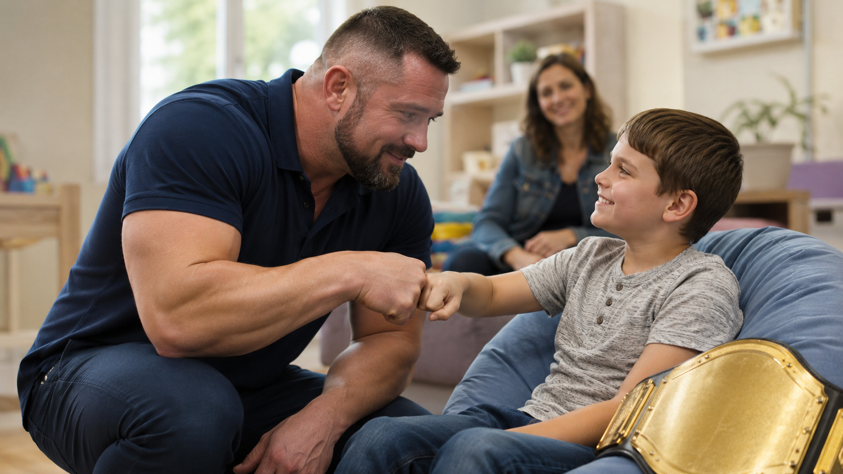 Lutador profissional fictício troca cumprimento com criança sorridente durante encontro inspirado nos desejos realizados por John Cena.