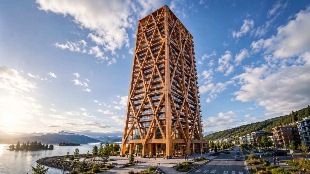 Torre de madeira com 85,4 metros mostrou que edifícios altos não precisam depender apenas de concreto e aço, ao usar 22 colunas principais, quatro grandes treliças de glulam nas fachadas (4)