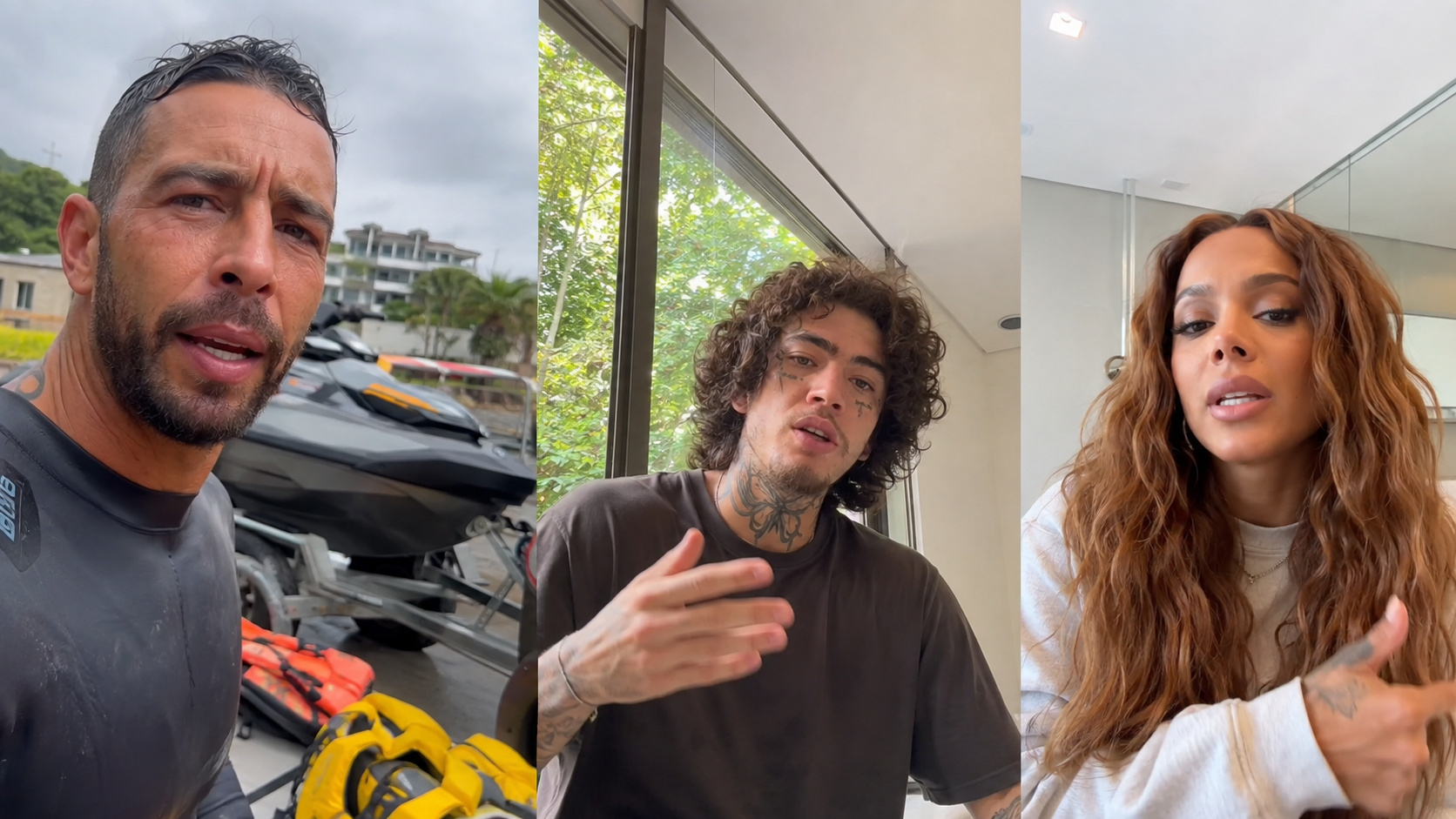 Montagem ilustrativa mostra Pedro Scooby próximo a uma moto aquática e duas personalidades mobilizadas para ajudar vítimas das enchentes no Rio Grande do Sul.