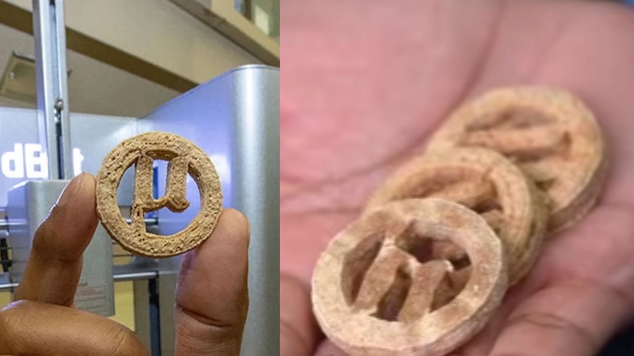 Um biscoito impresso em 3D começou como garrafa plástica, passou por água e oxigênio em alta temperatura, foi devorado por leveduras reprogramadas e virou alimento rico em