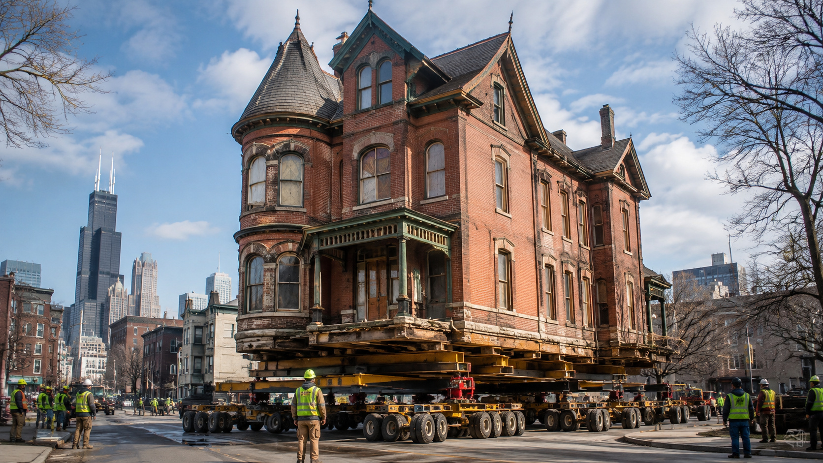 Uma casa histórica de 1.020 toneladas em Chicago saiu inteira da fundação e percorreu uma quadra sobre 30 plataformas com rodas