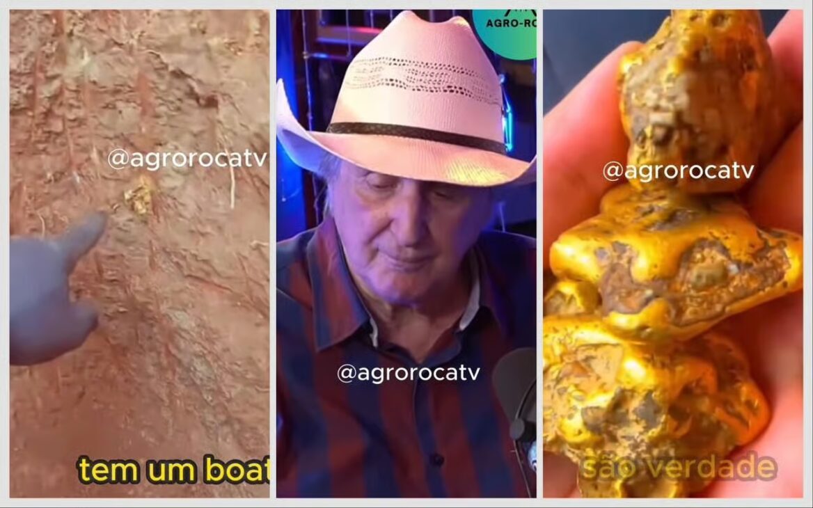 Montagem usada em publicação que retomou, em 2026, o relato de Sérgio Reis sobre a descoberta de ouro em uma antiga fazenda em Cuiabá. Crédito: Reprodução/Agro Roça TV via Olhar Direto