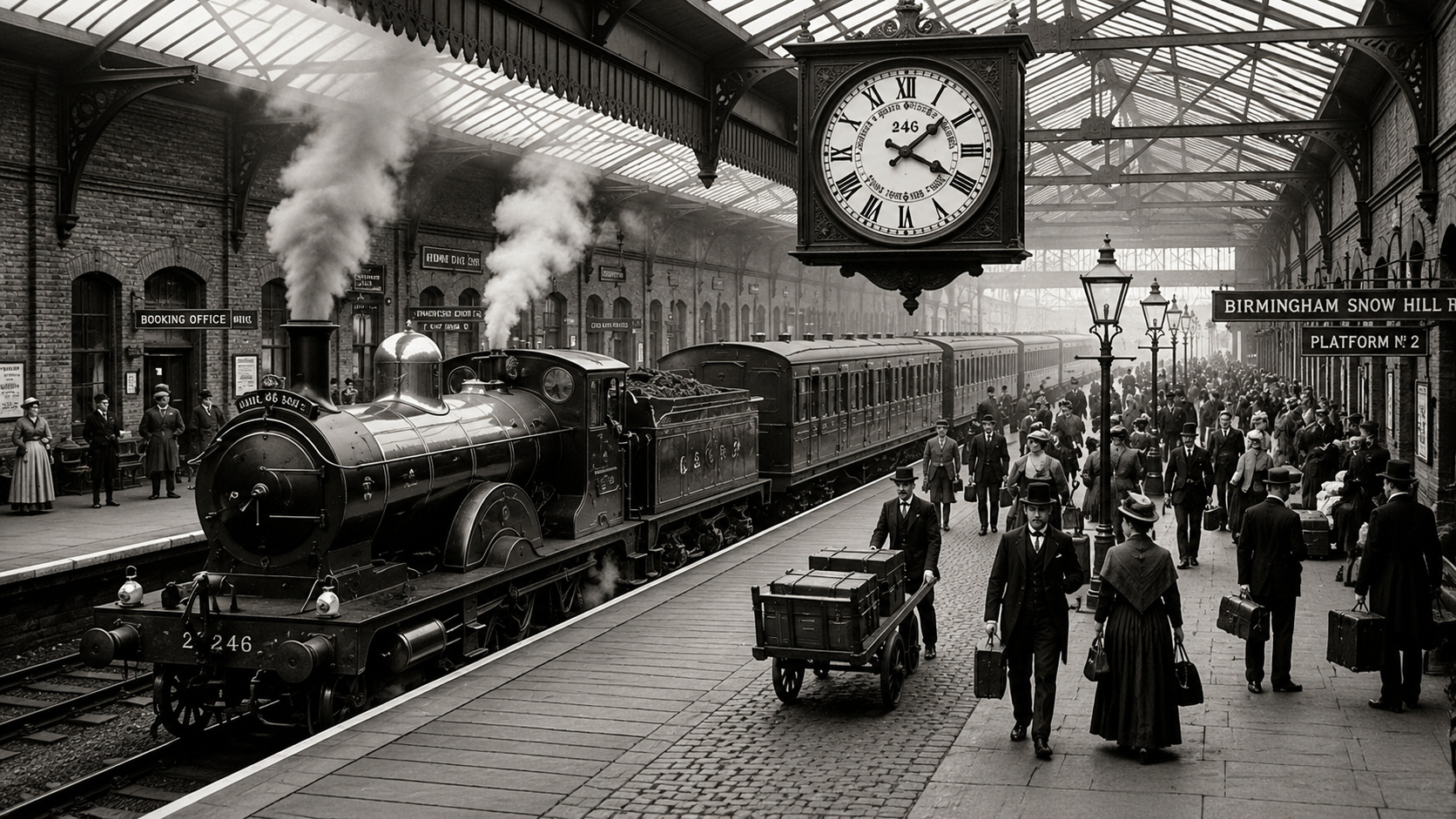 Estação ferroviária do século XIX com locomotiva a vapor, passageiros e grande relógio, ilustrando a padronização dos horários e os fusos horários.