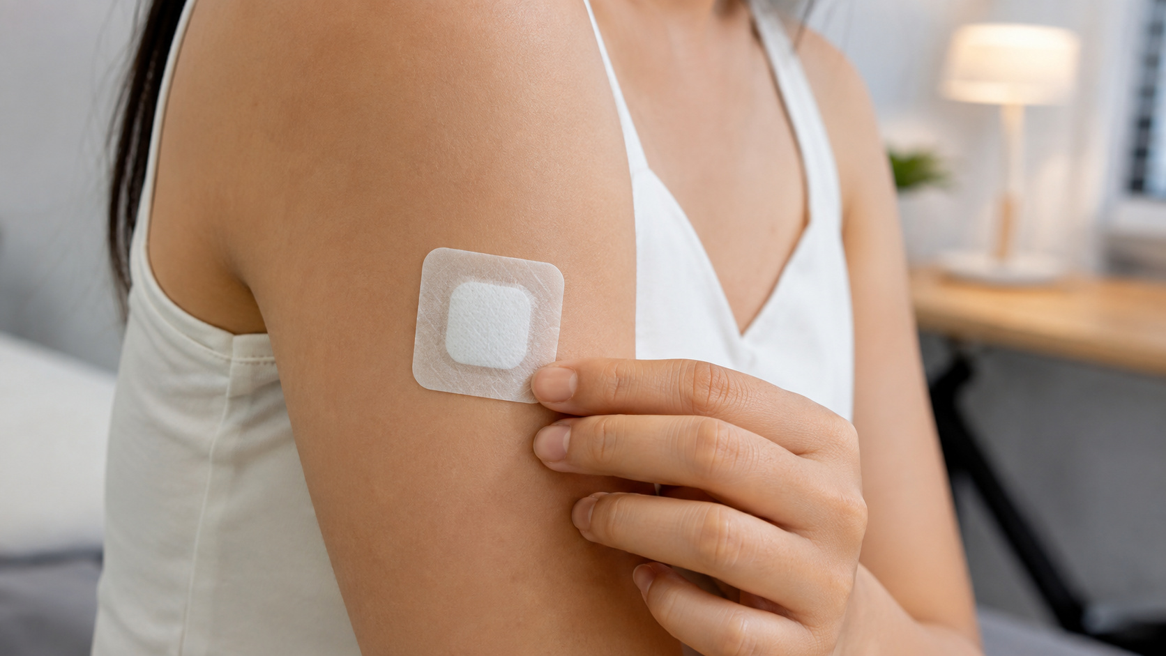 Pessoa usando adesivo de lactase no braço, tecnologia criada como alternativa aos comprimidos para intolerância à lactose.
