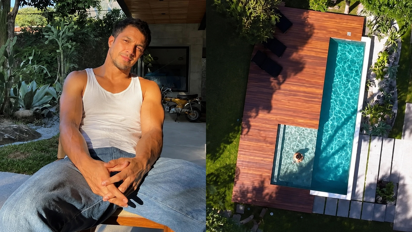 Homem sentado em área externa de mansão sustentável ao lado de vista aérea com piscina, deck de madeira e vegetação.