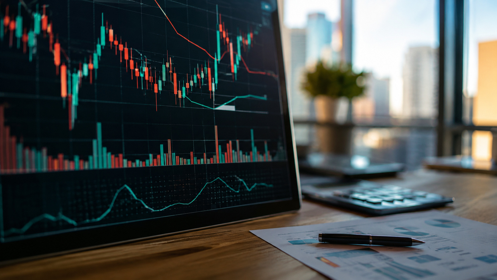 Monitor com gráficos financeiros ilustra cenário de juros no Brasil após Selic cair para 14% e país ter o 2º maior juro real do mundo.
