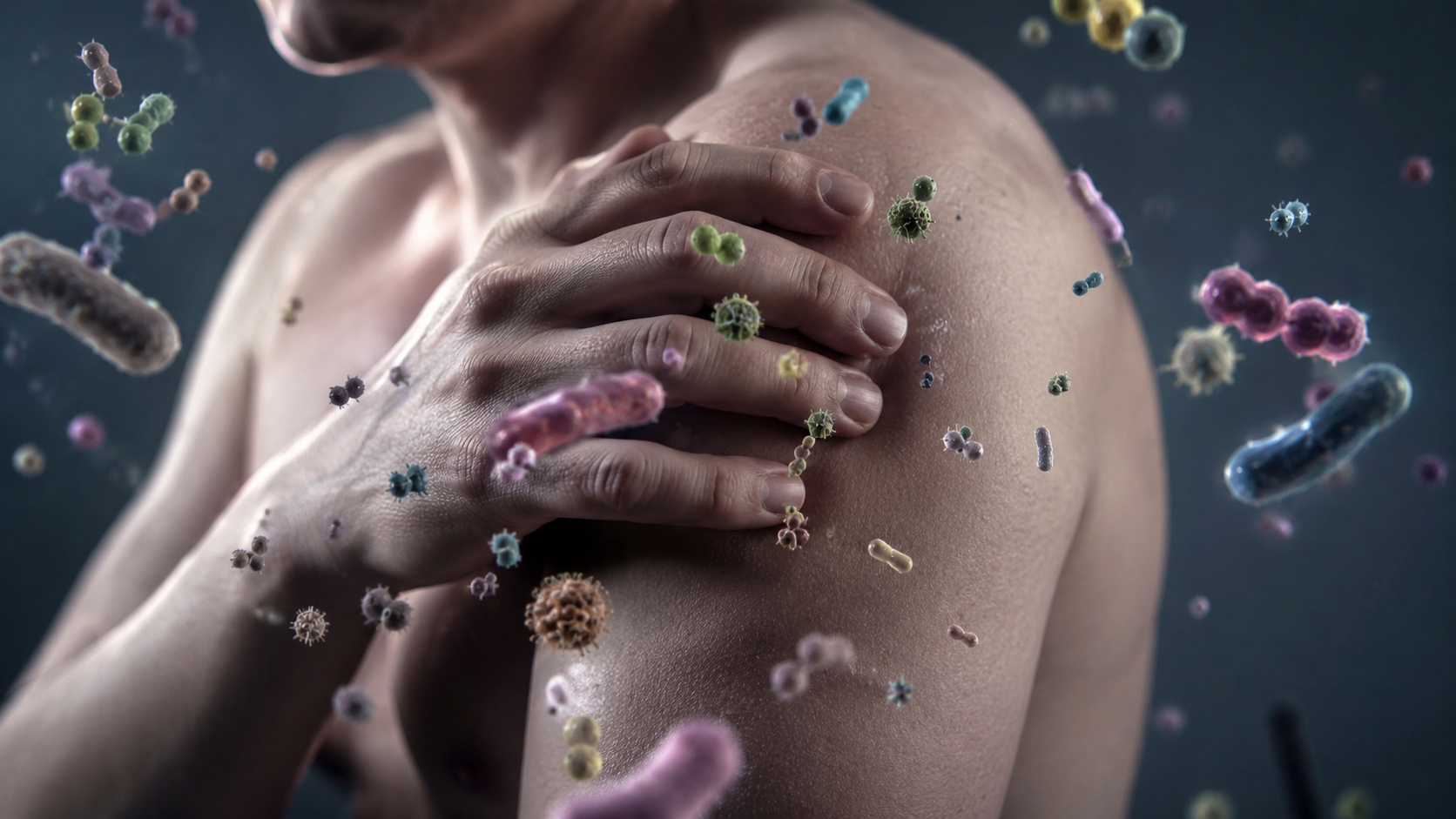 Homem cercado por microrganismos em representação ilustrativa do microbioma humano e das células presentes no corpo.