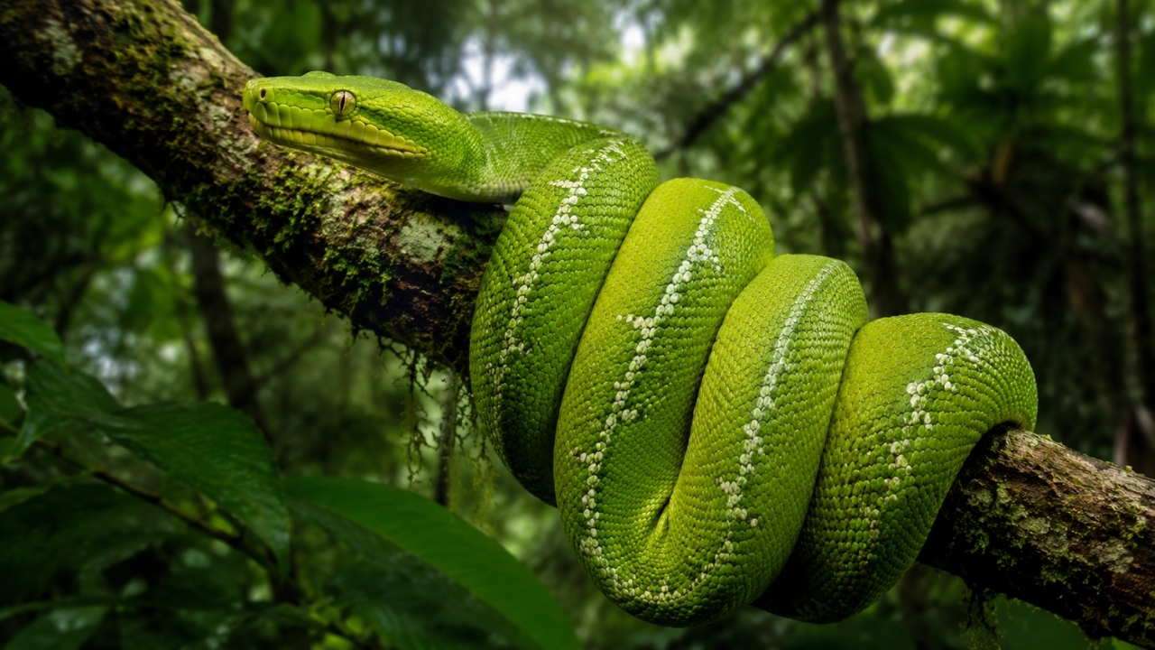 A cobra-papagaio, ou Corallus batesii, pode viver a até 15 metros do solo, muda de coloração durante o crescimento e caça principalmente à noite.