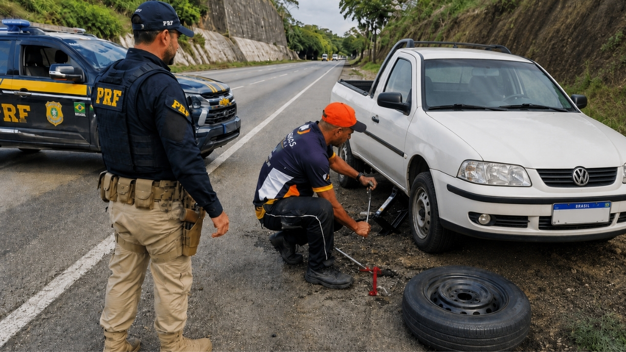 Motorista procurou a PRF para pedir um macaco após furar o pneu no RJ, recebeu o equipamento emprestado e acabou multado por não portar item obrigatório.