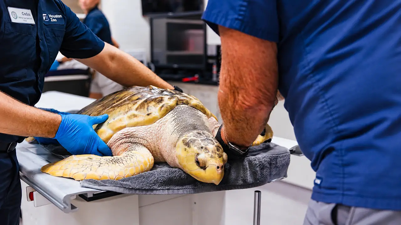 Rhossi, tartaruga-de-kemp, recebe atendimento veterinário no Houston Zoo
