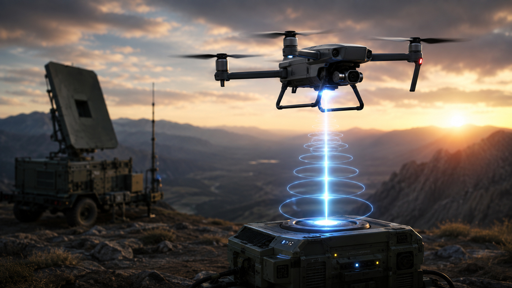 Descubra como a energia sem fio pode prolongar a operação de drones em missão militar, sem recargas frequentes.
