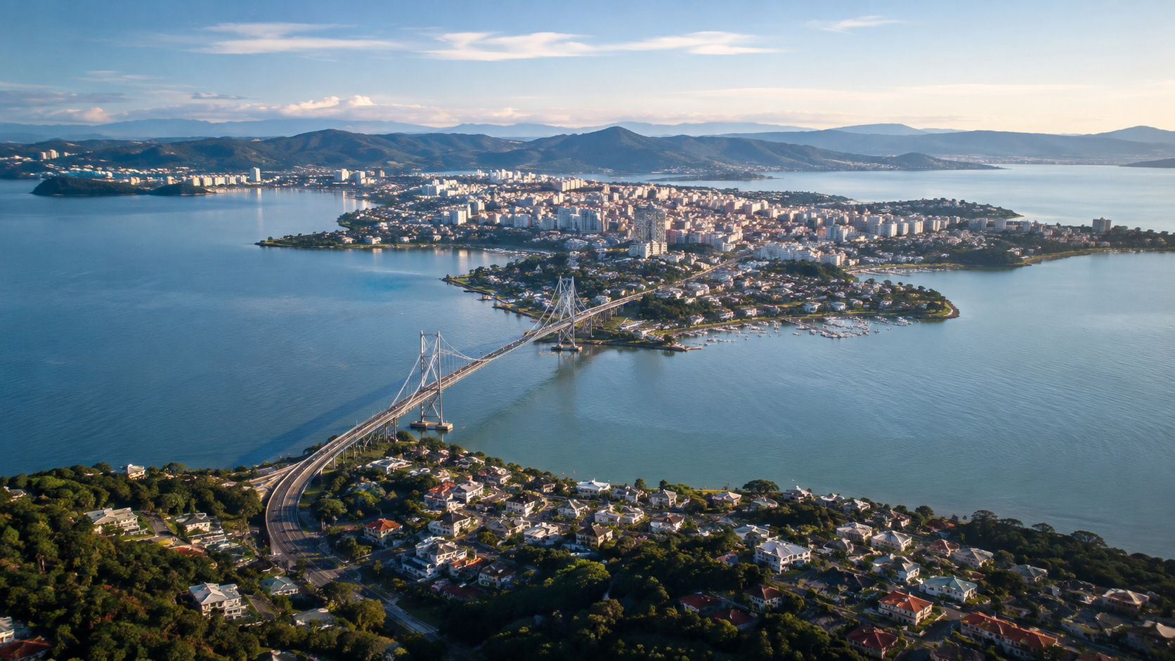 Vista aérea de Florianópolis, em Santa Catarina, com ponte, área urbana, mar e montanhas, estado que liderou a migração interna no Brasil.