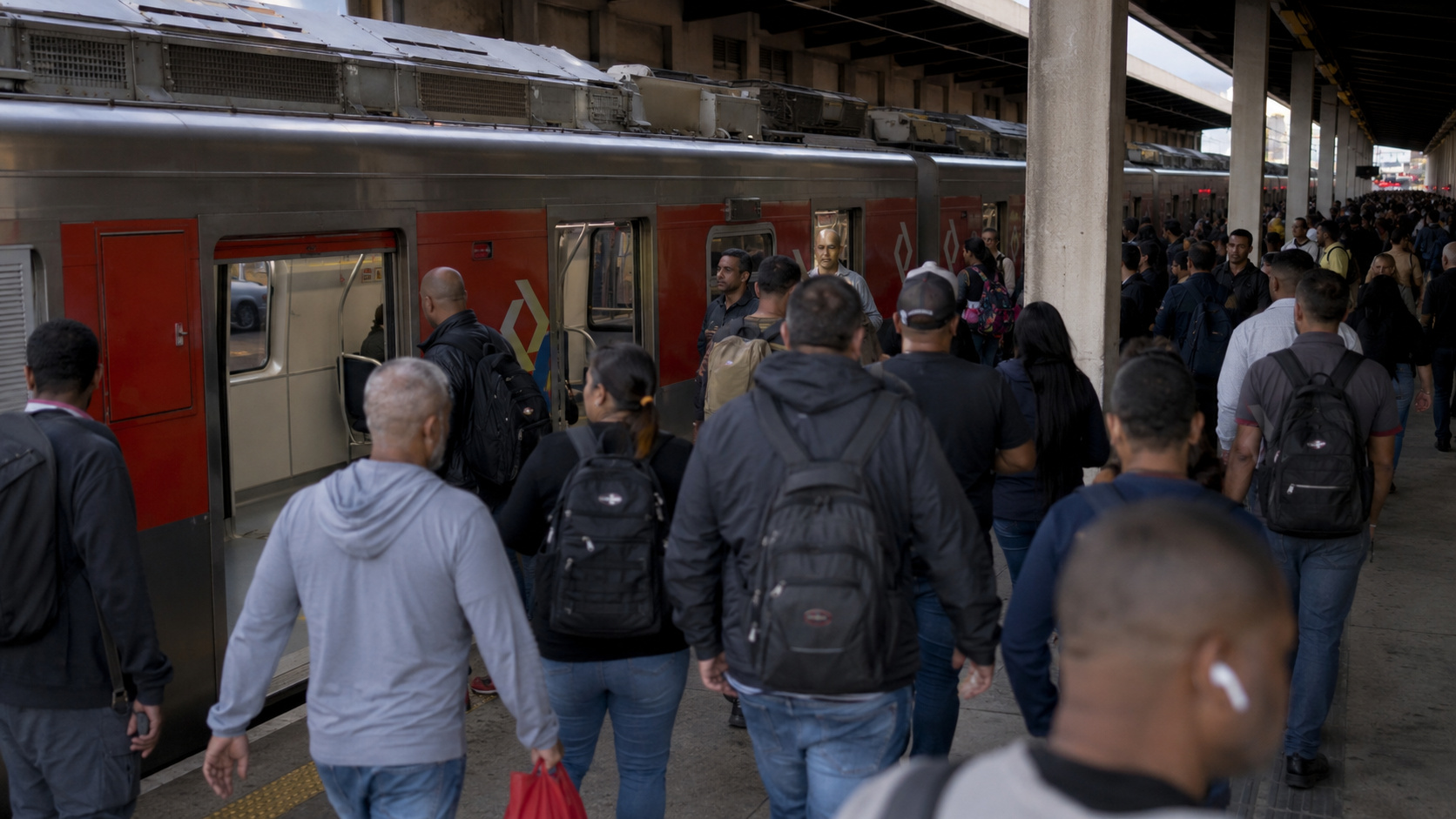 Passageiros em plataforma ferroviária ao lado de trem durante greve nas linhas 11-Coral, 12-Safira e 13-Jade em São Paulo