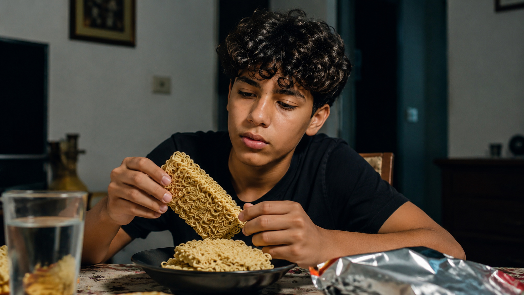 Adolescente segurando bloco de miojo cru diante de prato com macarrão instantâneo sem preparo, em imagem ilustrativa sobre caso ocorrido no Egito.