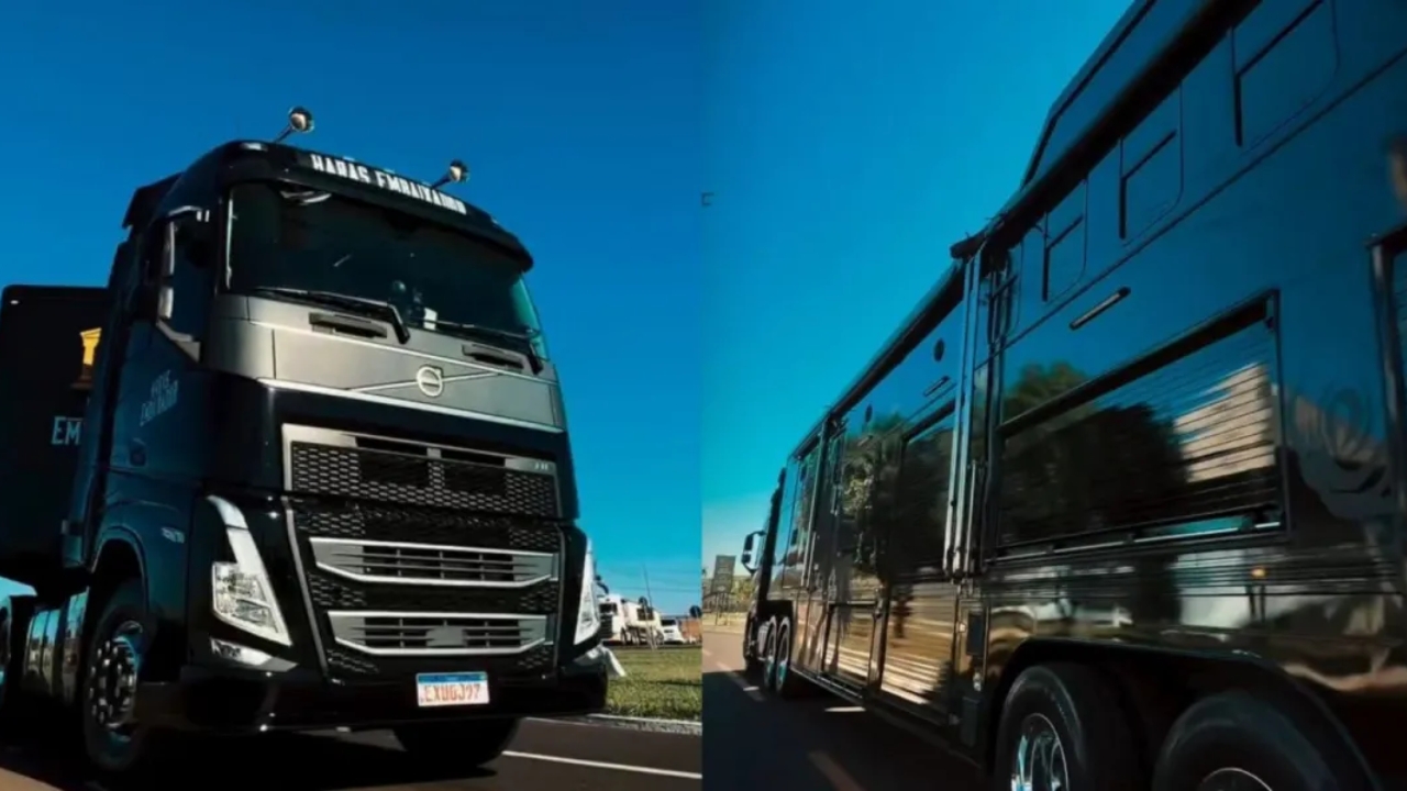 Motorhome de Gusttavo Lima em Barretos tem suíte, sala, energia própria e carreta puxada por um Volvo FH 460 de 460 cv.