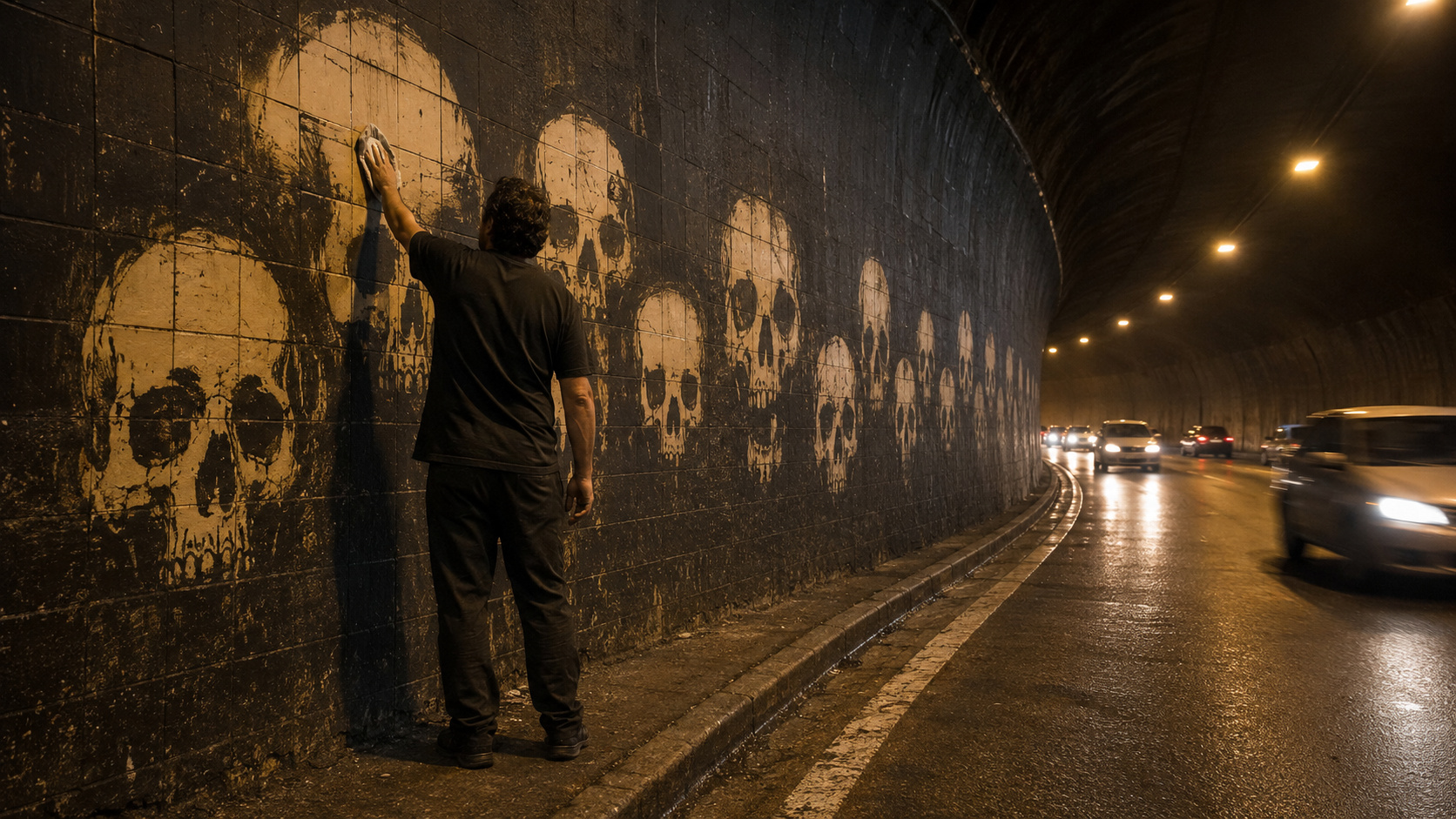 Artista de costas usa um pano para formar caveiras ao remover a fuligem da parede de um túnel enquanto carros passam pela via.