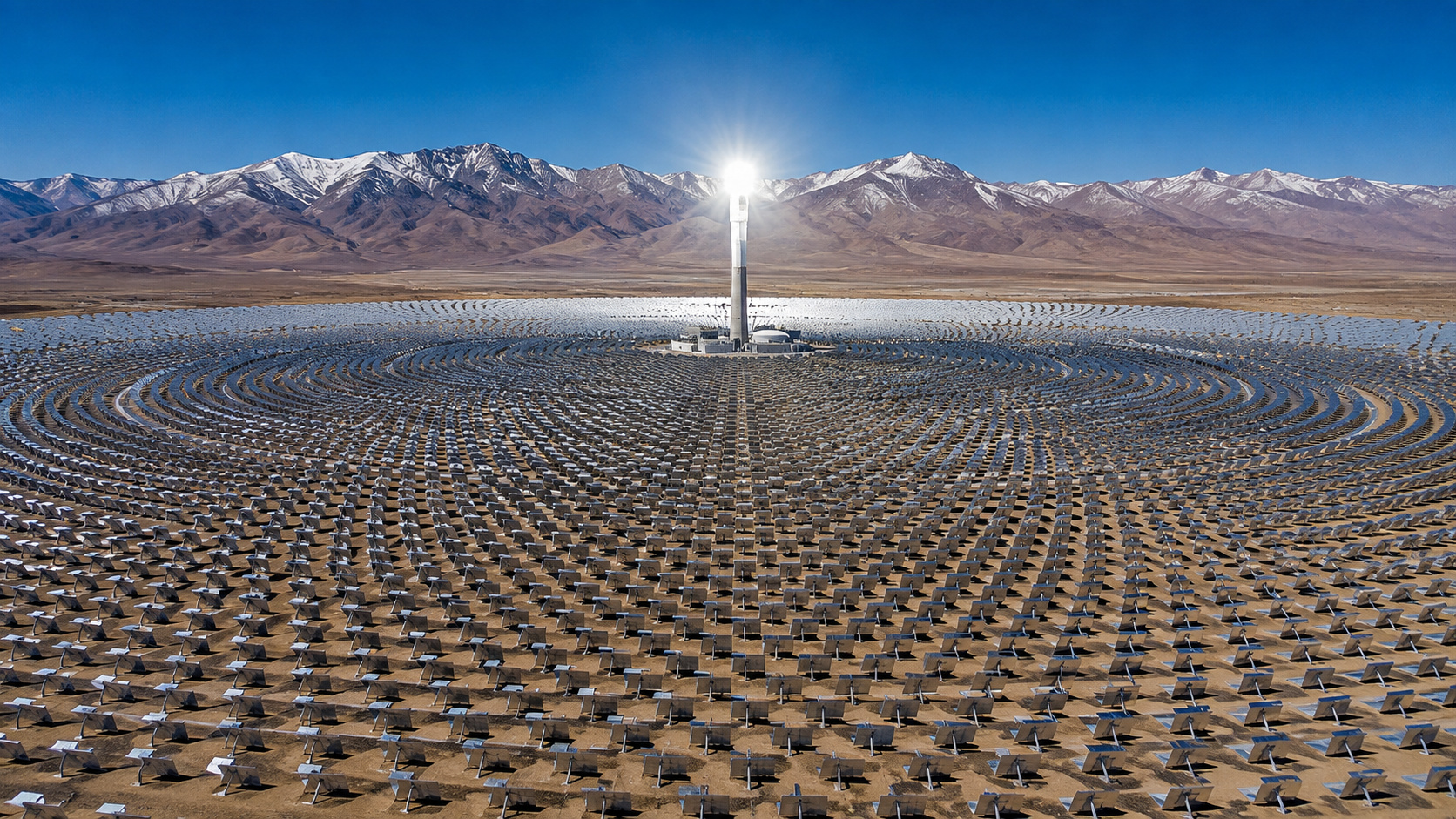 Planta termosolar da China com milhares de espelhos solares direcionados para torre central no Tibete.