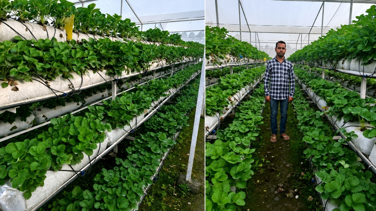 Produtor rural de Uttar Pradesh adotou hidroponia, instalou 9 mil mudas de morango em 325 m² e colheu cinco toneladas em dois meses.