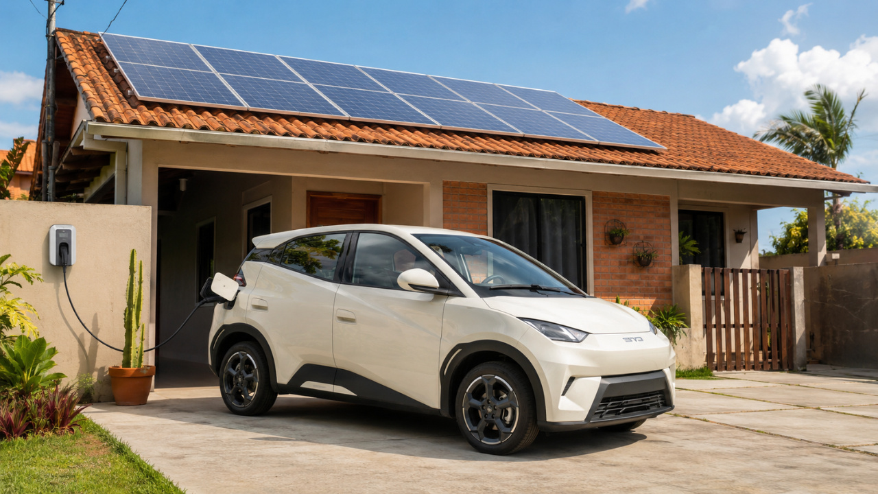 O BYD Dolphin Mini precisaria de cerca de 12 a 16 placas solares para gerar, em um dia, energia equivalente à carga completa do carro elétrico.