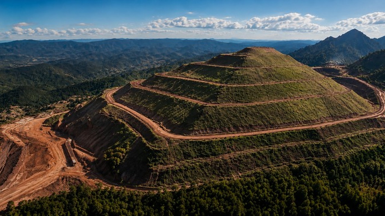 Grande pilha de mineração formada em degraus em uma área montanhosa