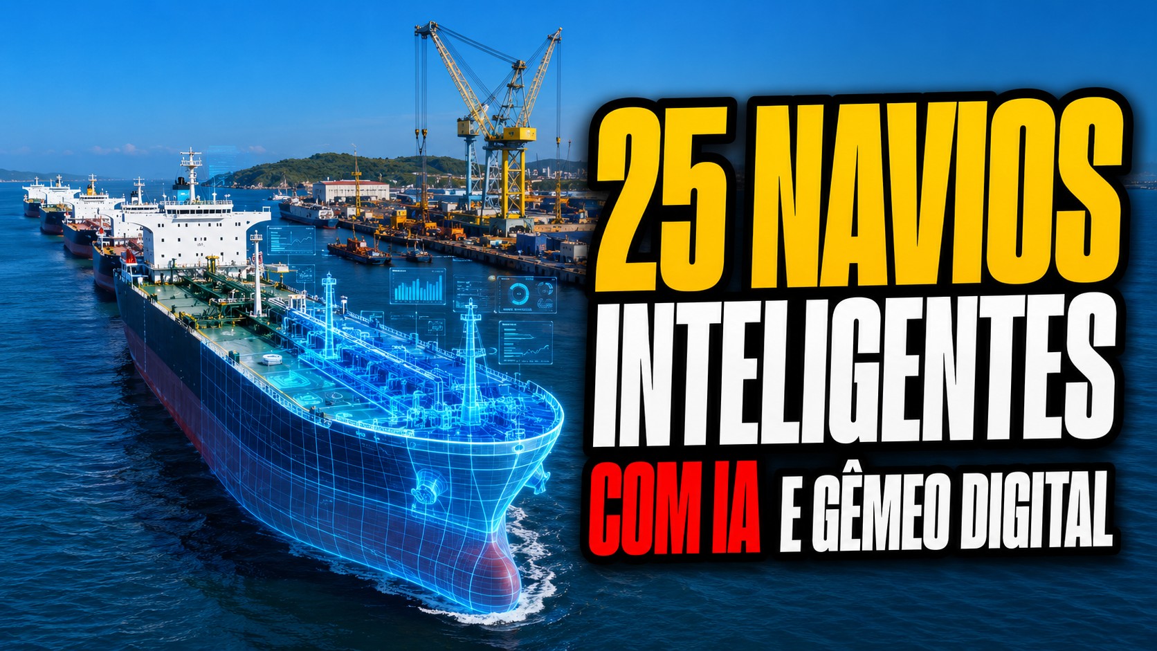 Navio inteligente da Transpetro com IA e representação de gêmeo digital próximo a um estaleiro brasileiro